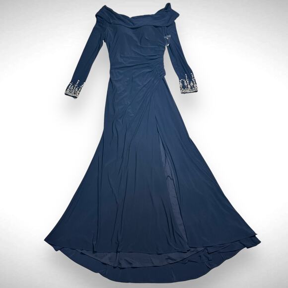 Mac Duggal Drop Shoulder Faux Wrap Navy Thigh Slit Jeweled Cuff Gown Dress Sz 4‎ - Picture 2 of 13